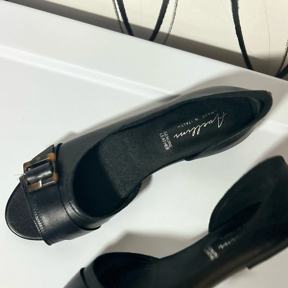 NEW Avellini Black Leather Open-Toe Flats with Buckle, Women’s Size 8 - Picture 5 of 9
